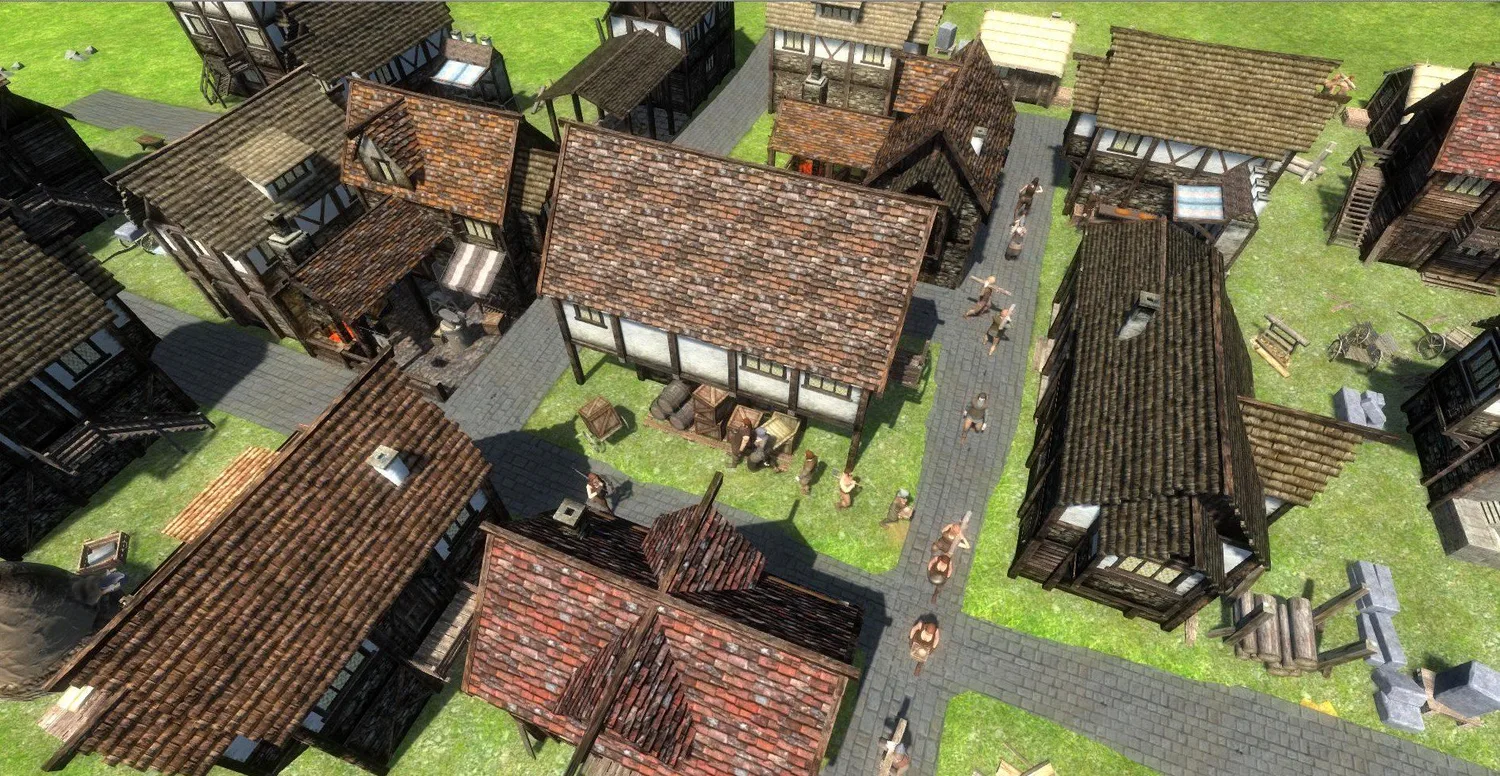 A busy medieval town with timber-framed houses and villagers