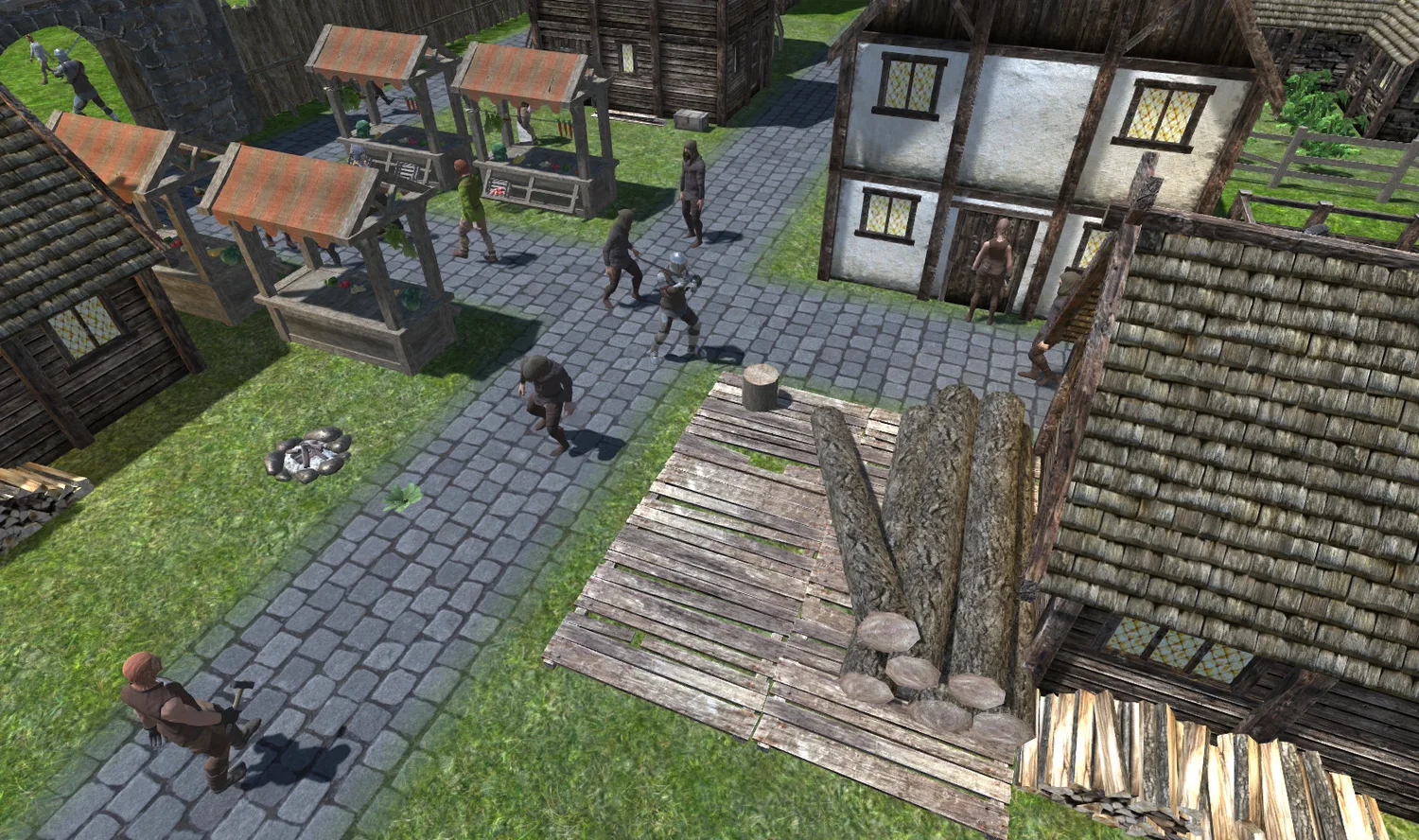 Villagers and soldiers moving through a medieval market