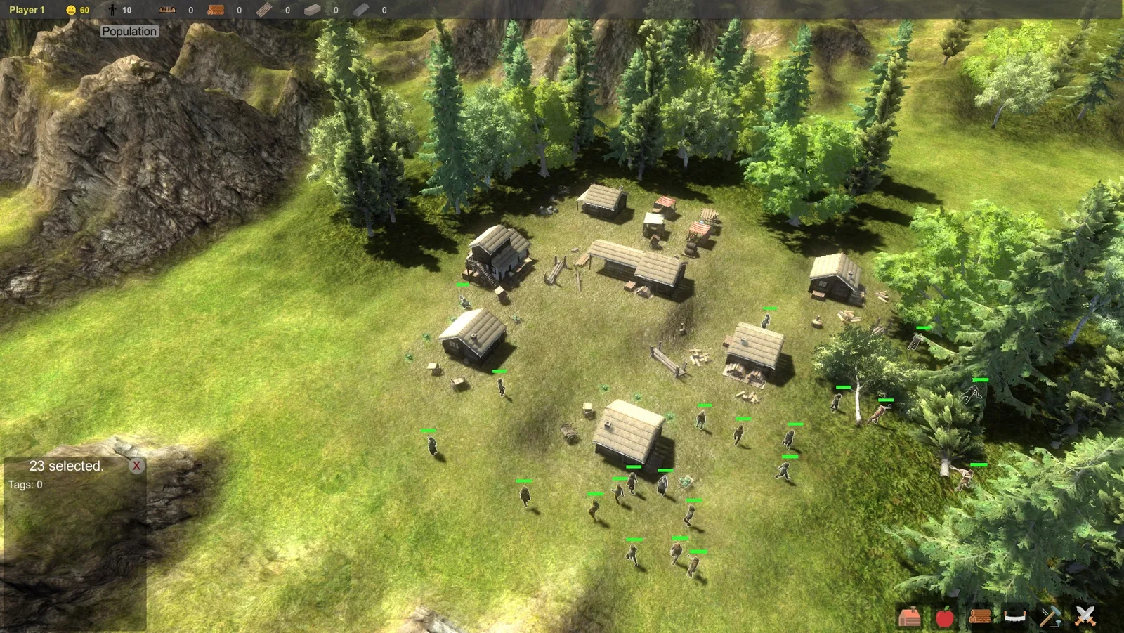 A strategy-game view of a settlement and selected villagers